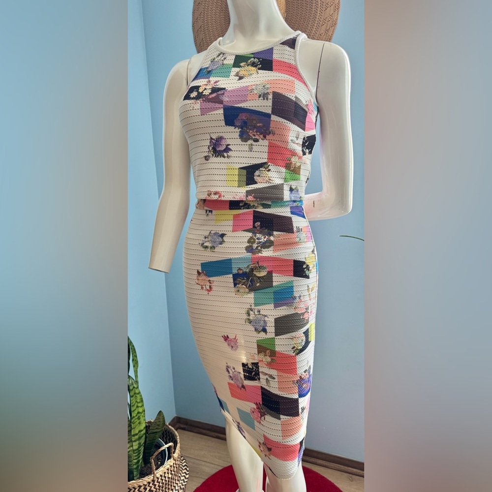2 Piece- Matching, Multicolor Patchwork Pencil Skirt - White Base